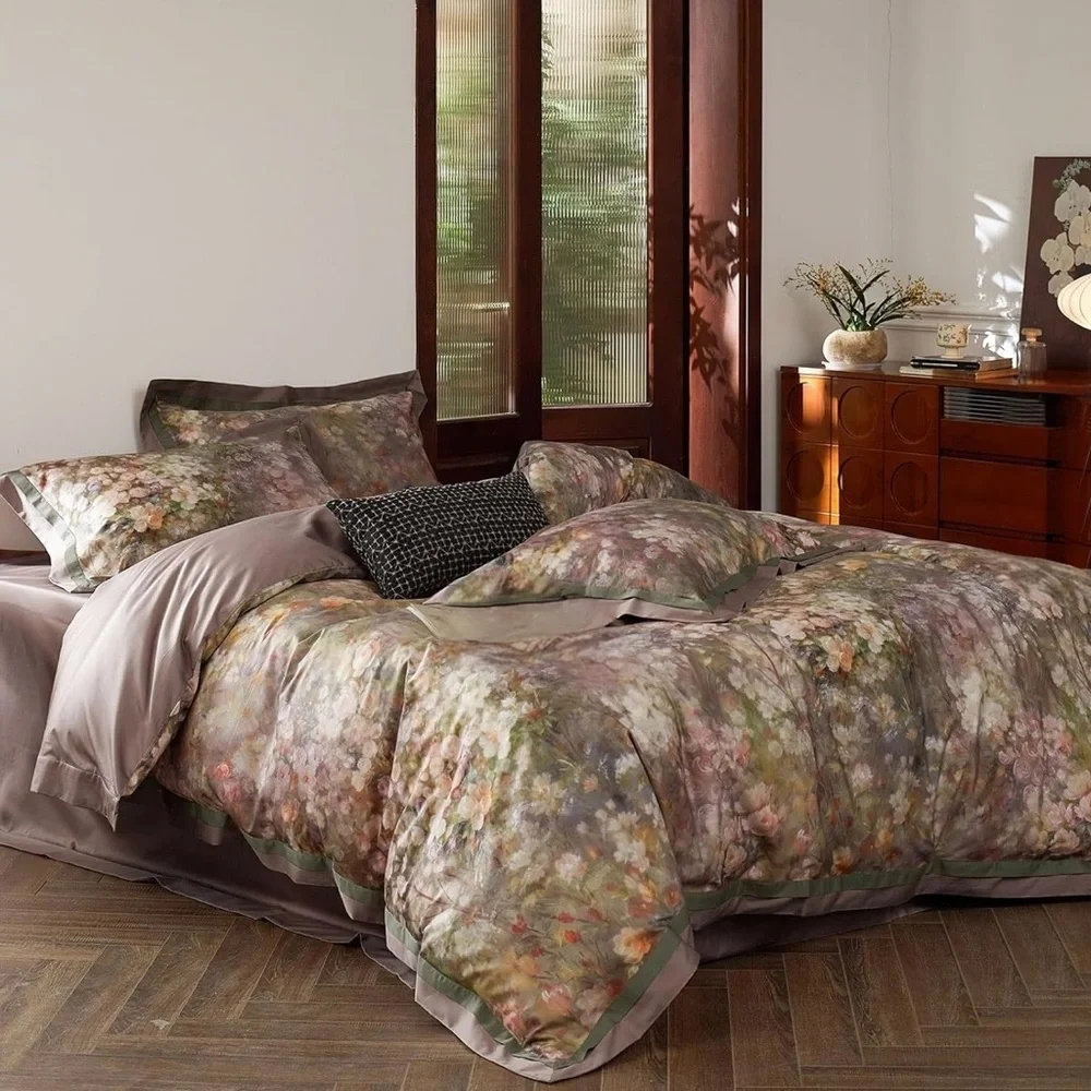 NEW Anthro Blush Pink Silk Floral Boho Cotton Queen King Bedding Duvet Sham Set